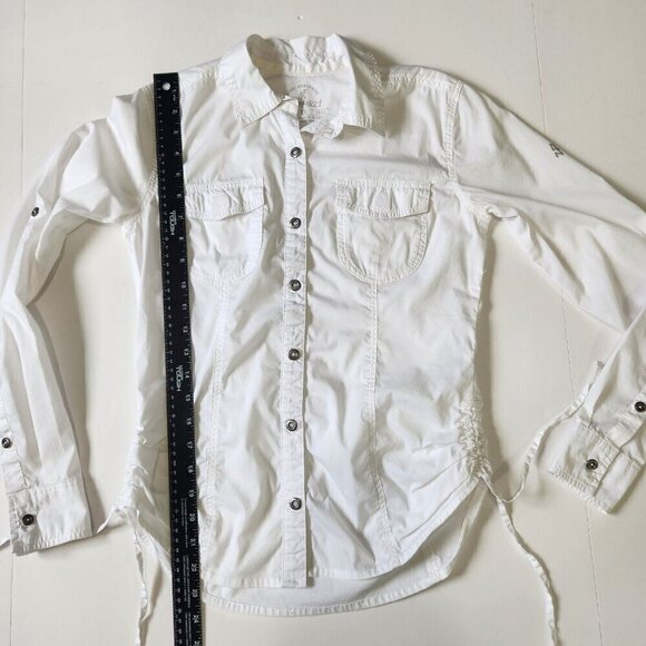 Gramicci Button Up Shirt Womens XS White Roll Tab Sleeves Ruched Sides Outdoor - Picture 8 of 11